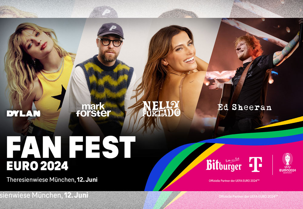 Ed Sheeran, Nelly Furtado, Mark Forster und Dylan kommen zum FAN FEST EURO 2024. / Foto: fkpscorpio