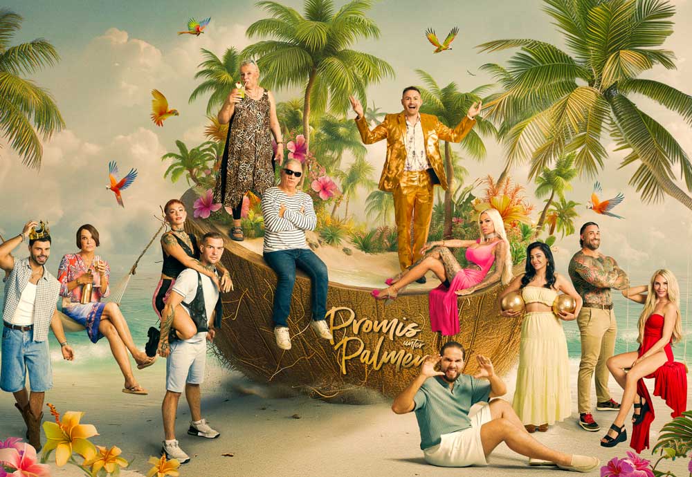 Promis unter Palmen; Staffel: 4,Martin Angelo, Anoushka Renzi, Edith Stehfest, Eric Stehfest, Silvia Wollny, Claude-Oliver Rudolph, Menderez, Gina-Lisa Lohfink, Dilara Kruse; Kevin Wolter, Franziska Temme, Fotomontage Copyright: Joyn/Gerhard Merzeder